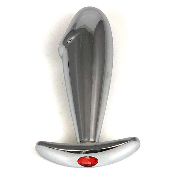 Серебристая анальная пробка-фаллос с красным кристаллом – 9,5 см.