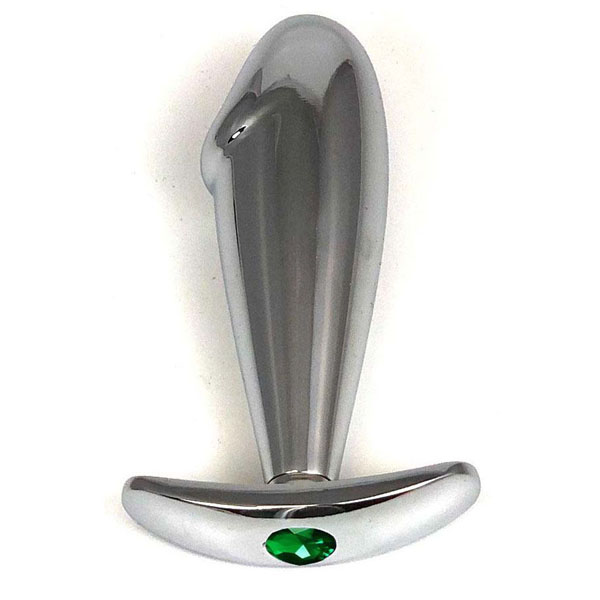 Серебристая анальная пробка-фаллос с зеленым кристаллом – 9,5 см.