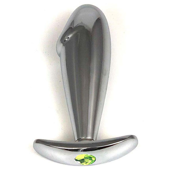 Серебристая анальная пробка-фаллос с лаймовым кристаллом – 9,5 см.