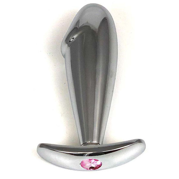 Серебристая анальная пробка-фаллос с нежно-розовым кристаллом – 9,5 см.