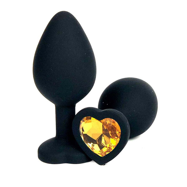 Черная силиконовая пробка с оранжевым кристаллом-сердцем - 8,5 см.