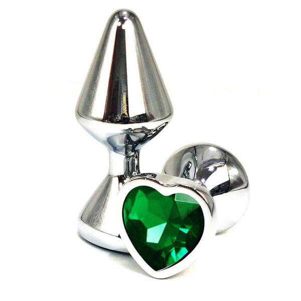 Серебристая анальная пробка с зеленым кристаллом-сердцем - 8 см.