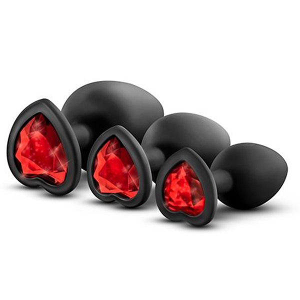 Набор черных анальных пробок с красным кристаллом-сердечком Bling Plugs Training Kit