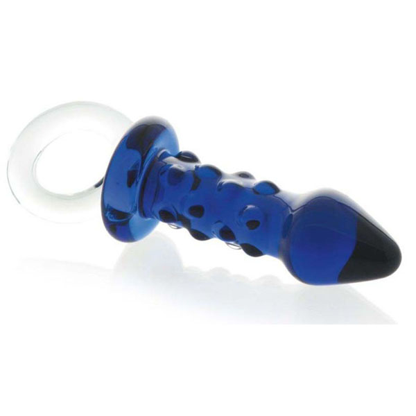 Синяя стеклянная анальная втулка с ручкой-кольцом - 10,5 см.
