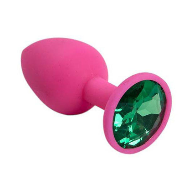 Розовая силиконовая пробка с зеленым кристаллом - 7,1 см.