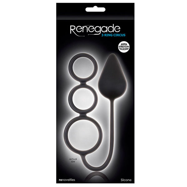 Чёрная анальная пробка Renegade 3 Ring Circus Large Black с эрекционными кольцами 