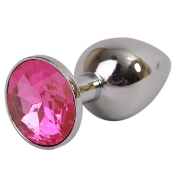 Серебряная металлическая анальная пробка с розовым стразиком - 7,6 см.