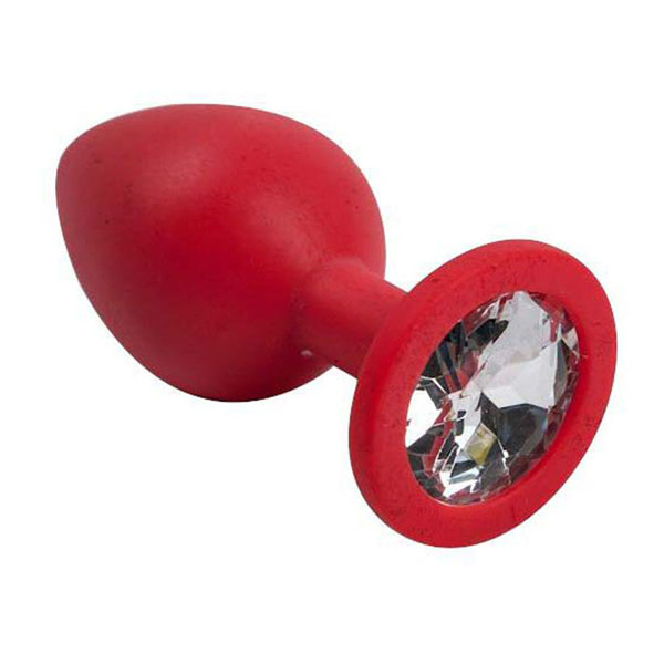 Красная силиконовая анальная пробка с прозрачным стразом - 8,2 см.