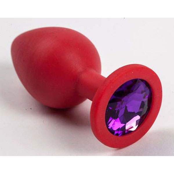 Красная силиконовая анальная пробка с фиолетовым стразом - 8,2 см.