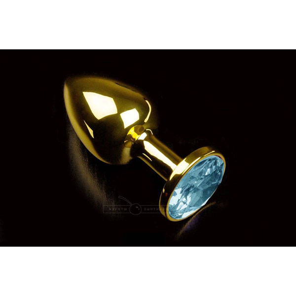 Маленькая золотистая анальная пробка с круглым кончиком и голубым кристаллом - 7 см.