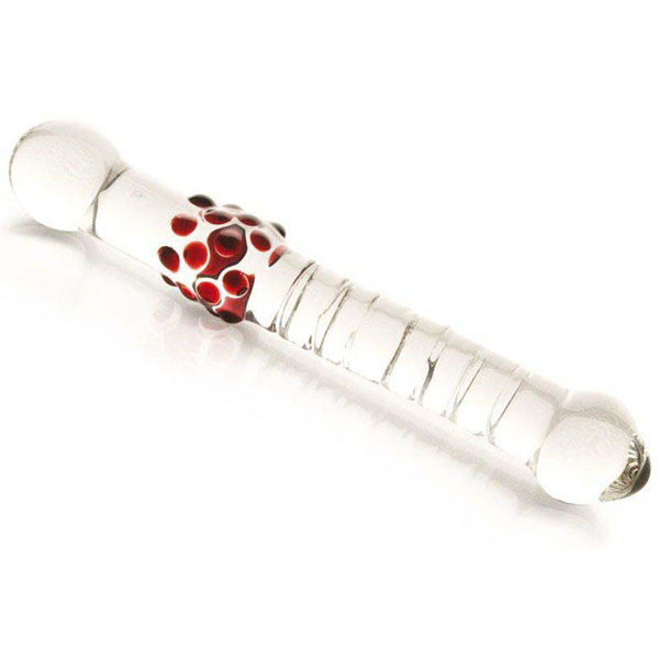 Стеклянный стимулятор с ручкой-шаром и цветными пупырышками - 21 см.