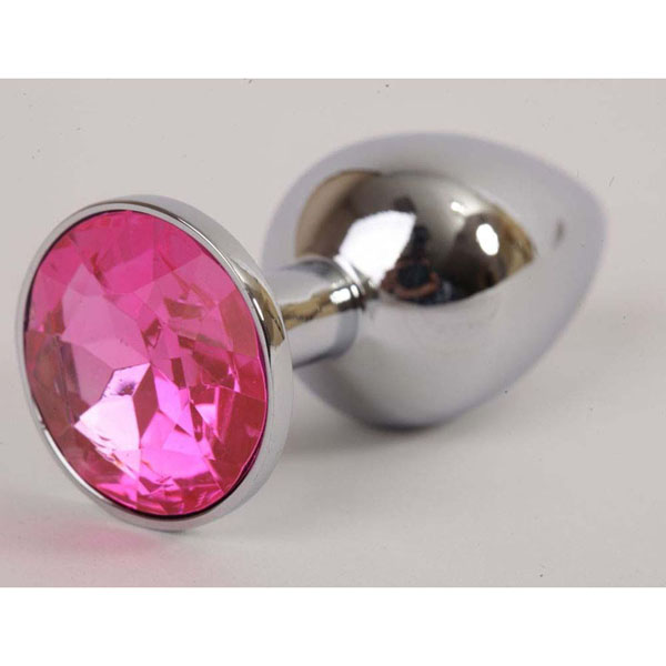 Серебряная металлическая анальная пробка с розовым стразиком - 8,2 см.