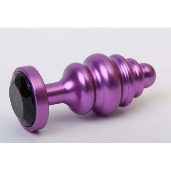 Фиолетовая ребристая анальная пробка с чёрным кристаллом - 7,3 см.