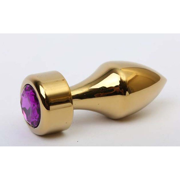 Золотистая анальная пробка с широким основанием и фиолетовым кристаллом - 7,8 см.