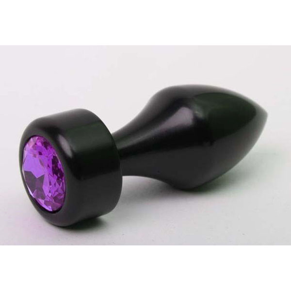 Чёрная анальная пробка с широким основанием и фиолетовым кристаллом - 7,8 см.
