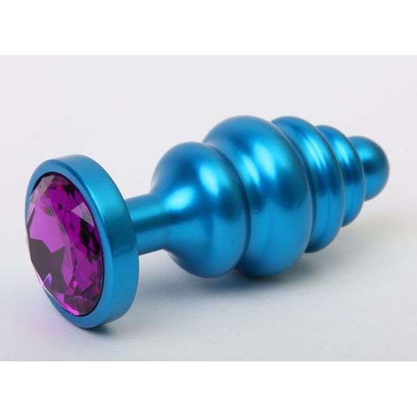 Синяя ребристая анальная пробка с фиолетовым кристаллом - 7,3 см.