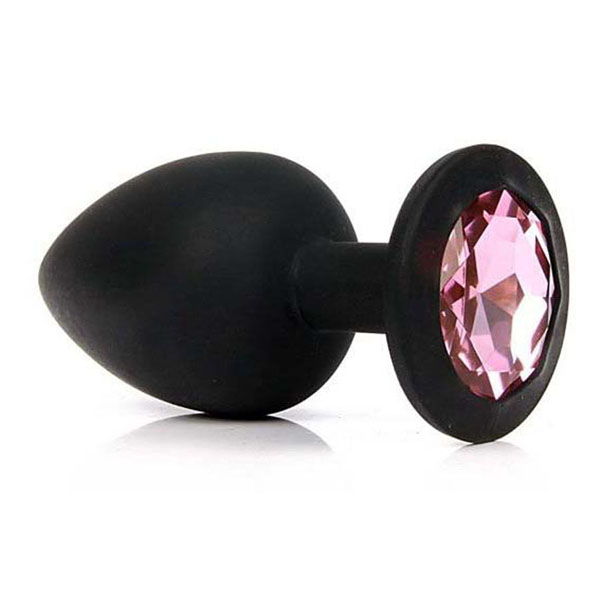 Чёрная силиконовая пробка с розовым кристаллом размера L - 9,2 см.