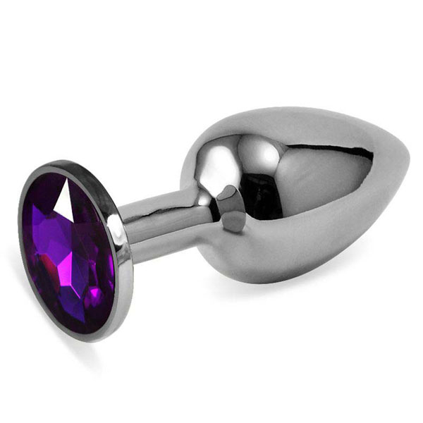 Серебристая анальная пробка с фиолетовым кристаллом размера L - 9 см.
