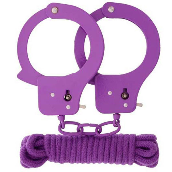 Фиолетовые наручники из листового металла в комплекте с веревкой BONDX METAL CUFFS LOVE ROPE SET