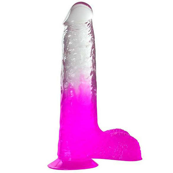 Фиолетовый фаллоимитатор с мошонкой, прозрачным стволом и присоской - 17,8 см.