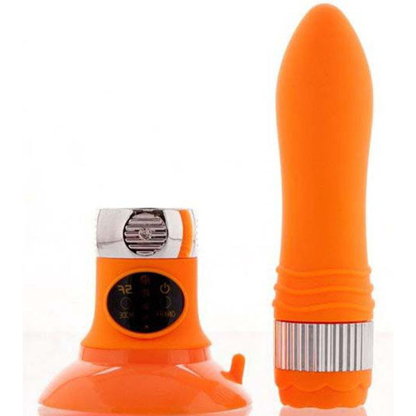 Оранжевый водонепроницаемый вибратор на присоске со сменной панелью управления - 19 см.