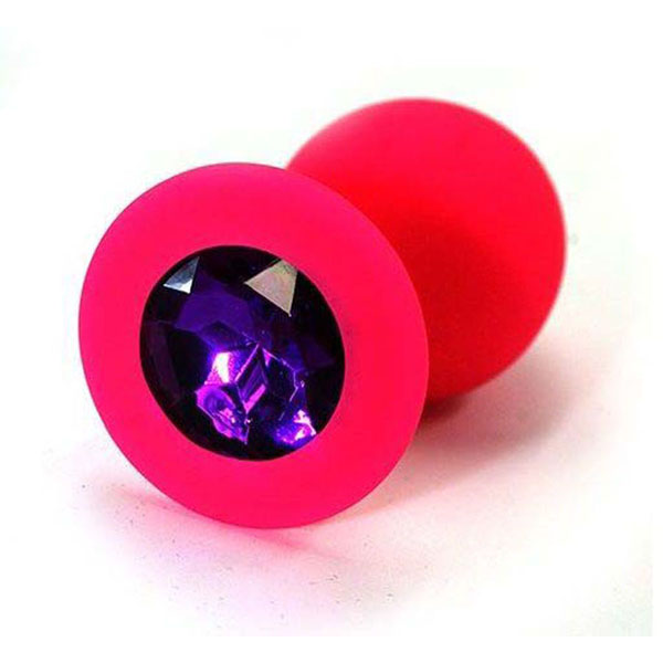 Розовая силиконовая анальная пробка с темно-фиолетовым кристаллом - 7 см.