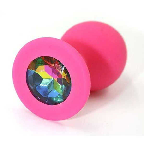 Розовая силиконовая анальная пробка с радужным кристаллом - 7 см.