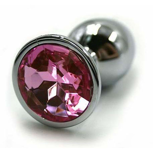 Серебристая алюминиевая анальная пробка с светло-розовым кристаллом - 6 см.