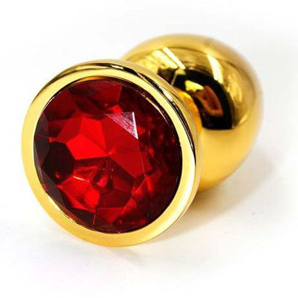 Золотистая алюминиевая анальная пробка с красным кристаллом - 6 см.