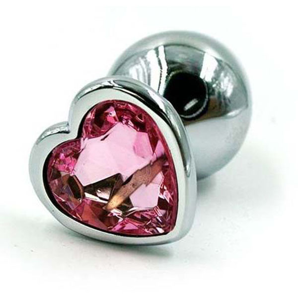 Серебристая анальная пробка с розовым кристаллом-сердцем - 6 см.