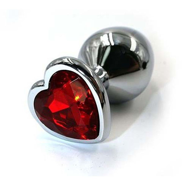 Серебристая анальная пробка с красным кристаллом-сердцем - 7 см.