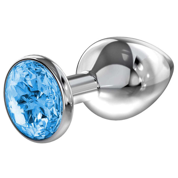 Большая серебристая анальная пробка Diamond Light blue Sparkle Large с голубым кристаллом - 8 см.