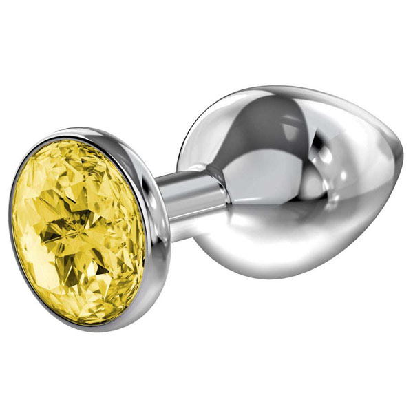 Малая серебристая анальная пробка Diamond Yellow Sparkle Small с жёлтым кристаллом - 7 см.