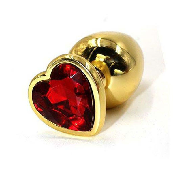 Золотистая алюминиевая анальная пробка с красным кристаллом-сердцем - 8,4 см.