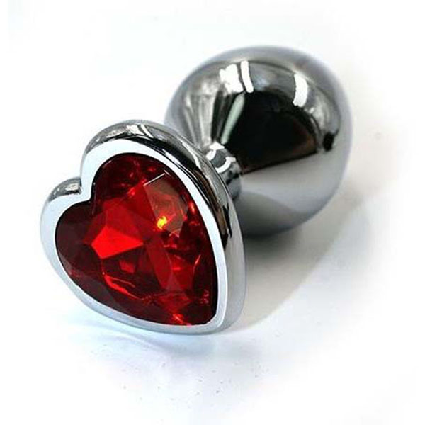 Серебристая алюминиевая анальная пробка с красным кристаллом-сердцем - 6 см.