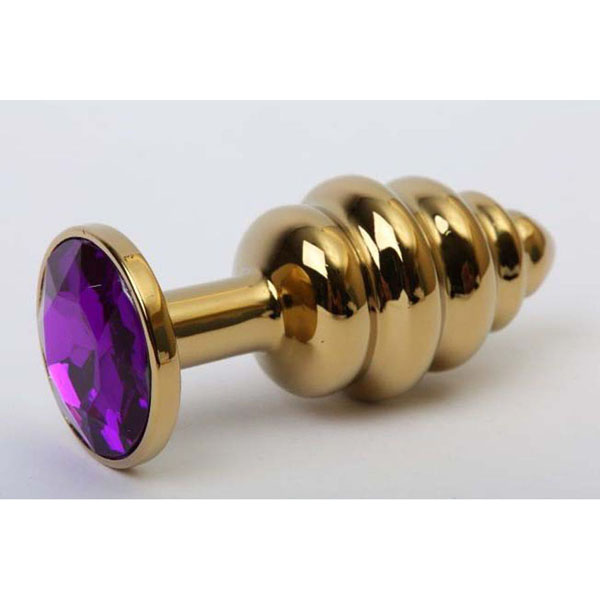 Золотистая рифлёная пробка с фиолетовым стразом - 8,2 см.
