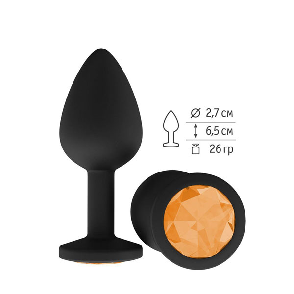 Чёрная анальная втулка с оранжевым кристаллом - 7,3 см.