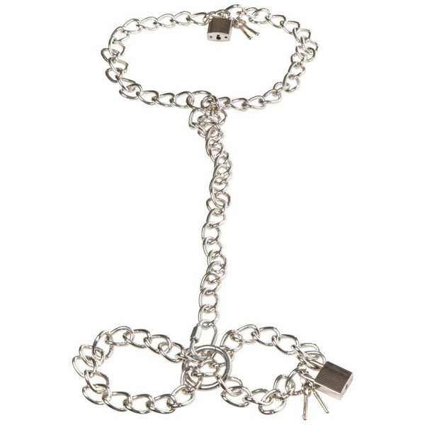 Фиксация на шею и запястья в виде цепей с замочками Bad Kitty Metal collar and chain