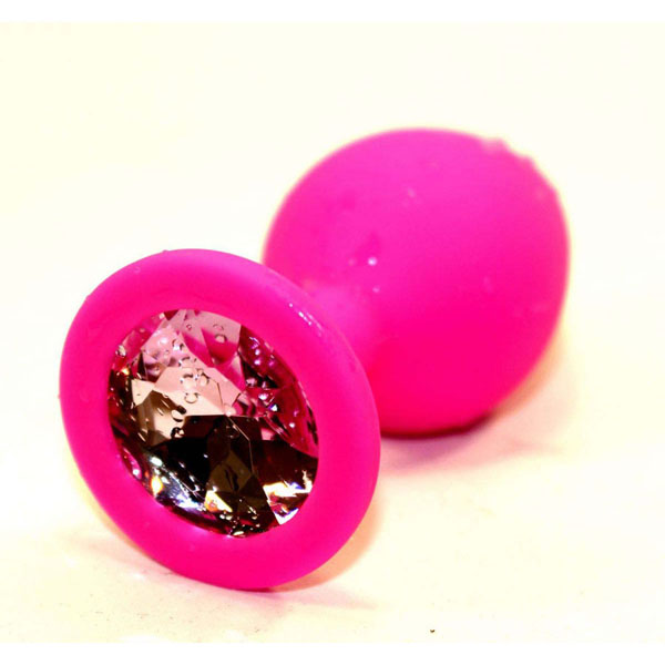 Розовая силиконовая анальная пробка с розовым стразом - 9,5 см.