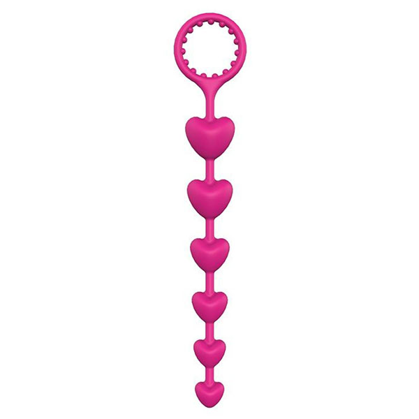 Розовая анальная цепочка с шариками-сердечками HEART BEADS - 23 см.
