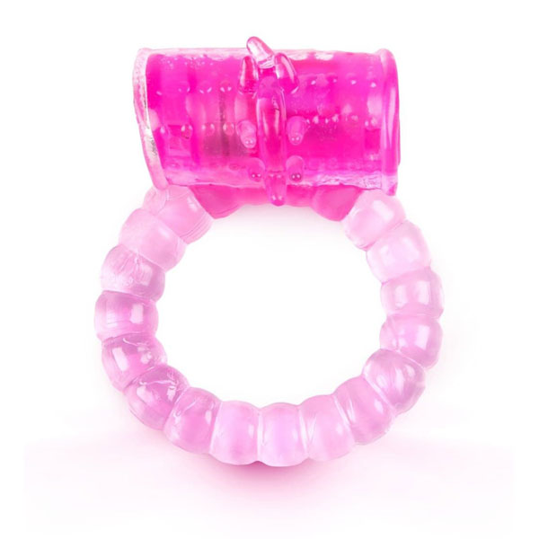 Розовое рельефное эрекционное кольцо с вибропулей