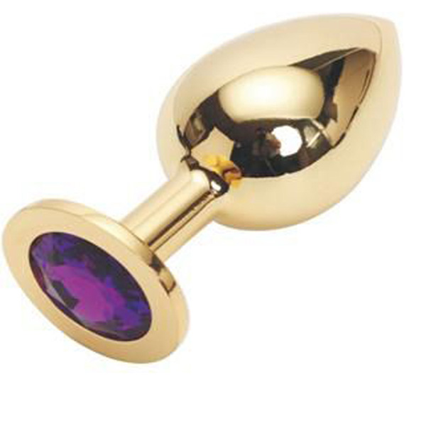 Золотистая анальная пробка GOLDEN PLUG Large с фиолетовым кристаллом - 9,5 см.