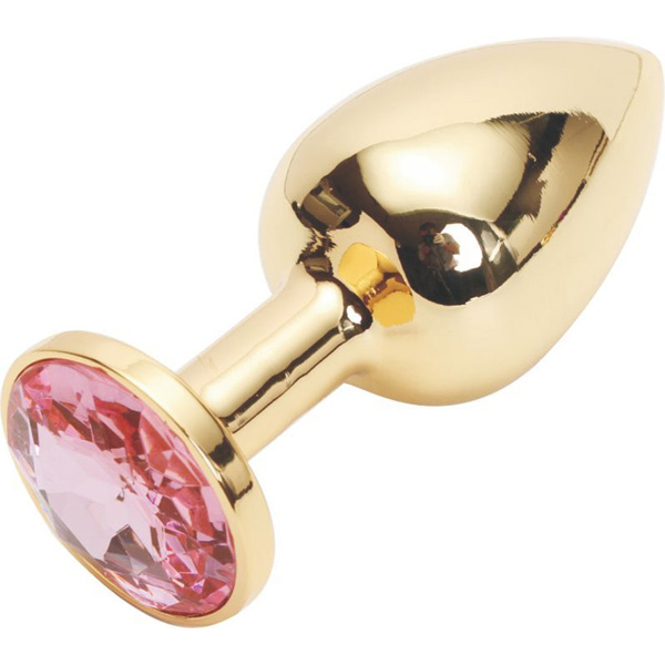 Золотистая анальная пробка с розовым кристаллом размера S - 7 см.