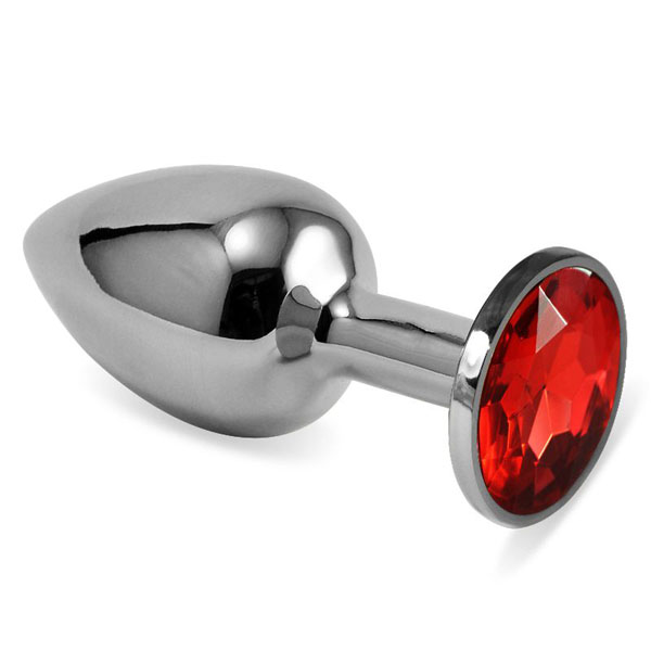 Серебристая анальная пробка с красным кристаллом размера S - 7 см.