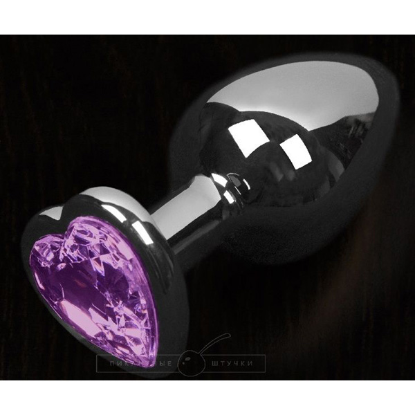 Серая анальная пробка с фиолетовым кристаллом в виде сердечка - 8,5 см.